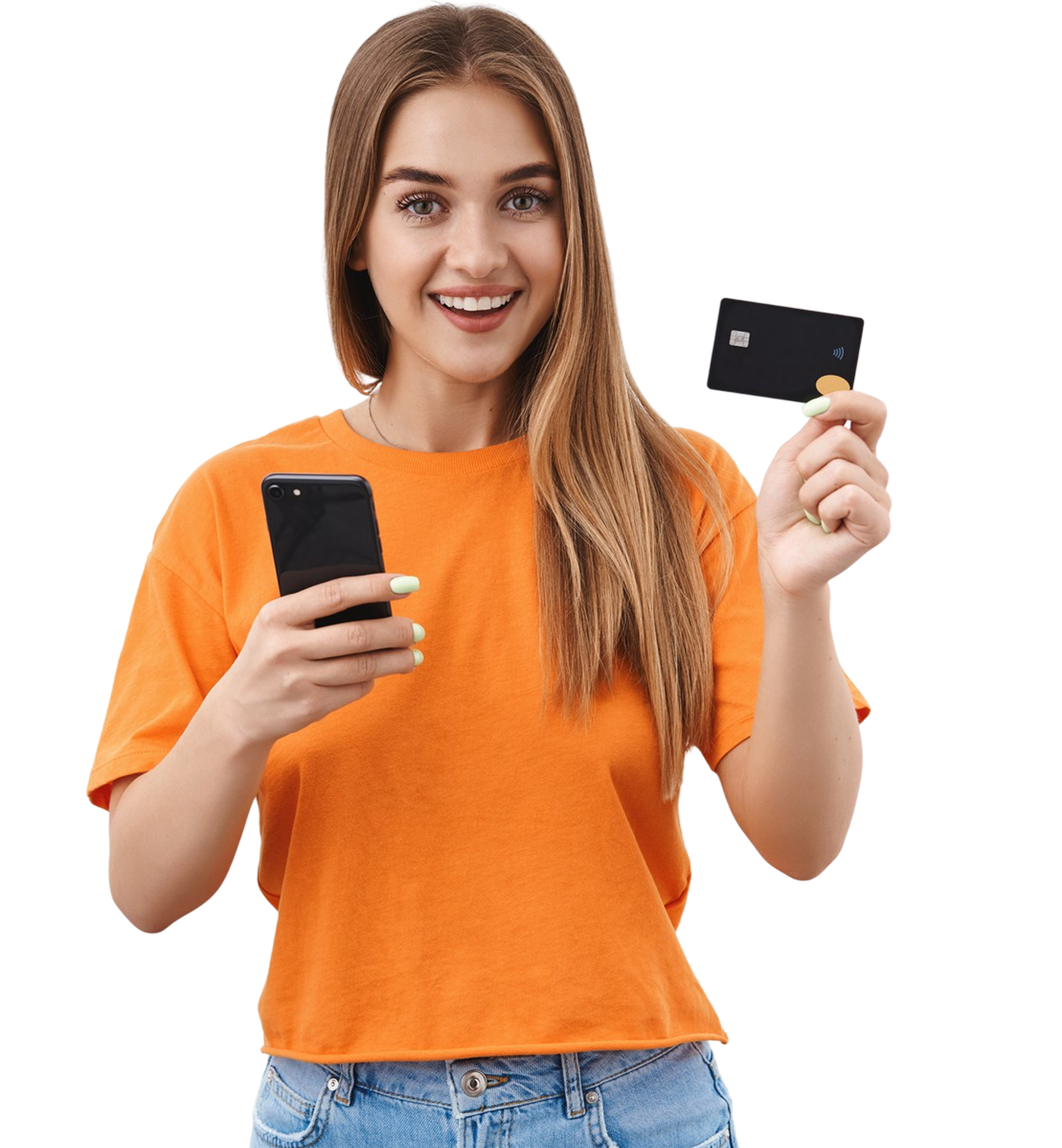 Woman with smartphone and credit card